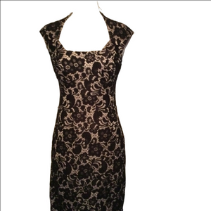 JAX Floral Black Lace over Nude Sheath Cap Sleeves Lined Knee Length Dress